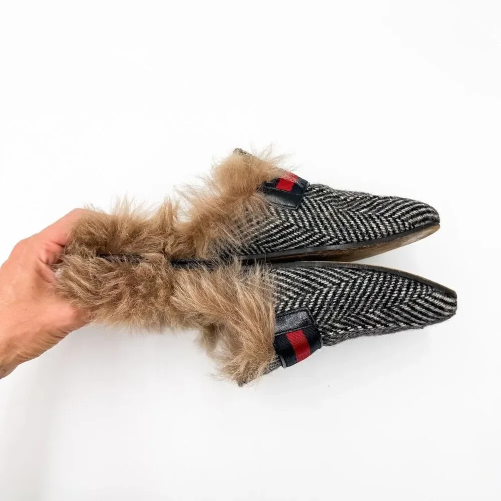 Gucci Princetown Herringbone Fur Mules GG Web Stripe Horsebit Loafers 7.5